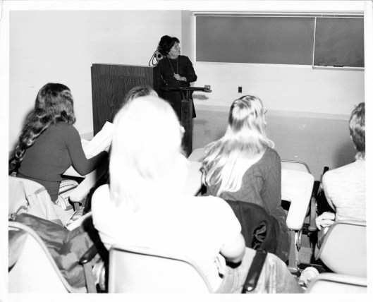 Joan Iversen giving one of her lectures 